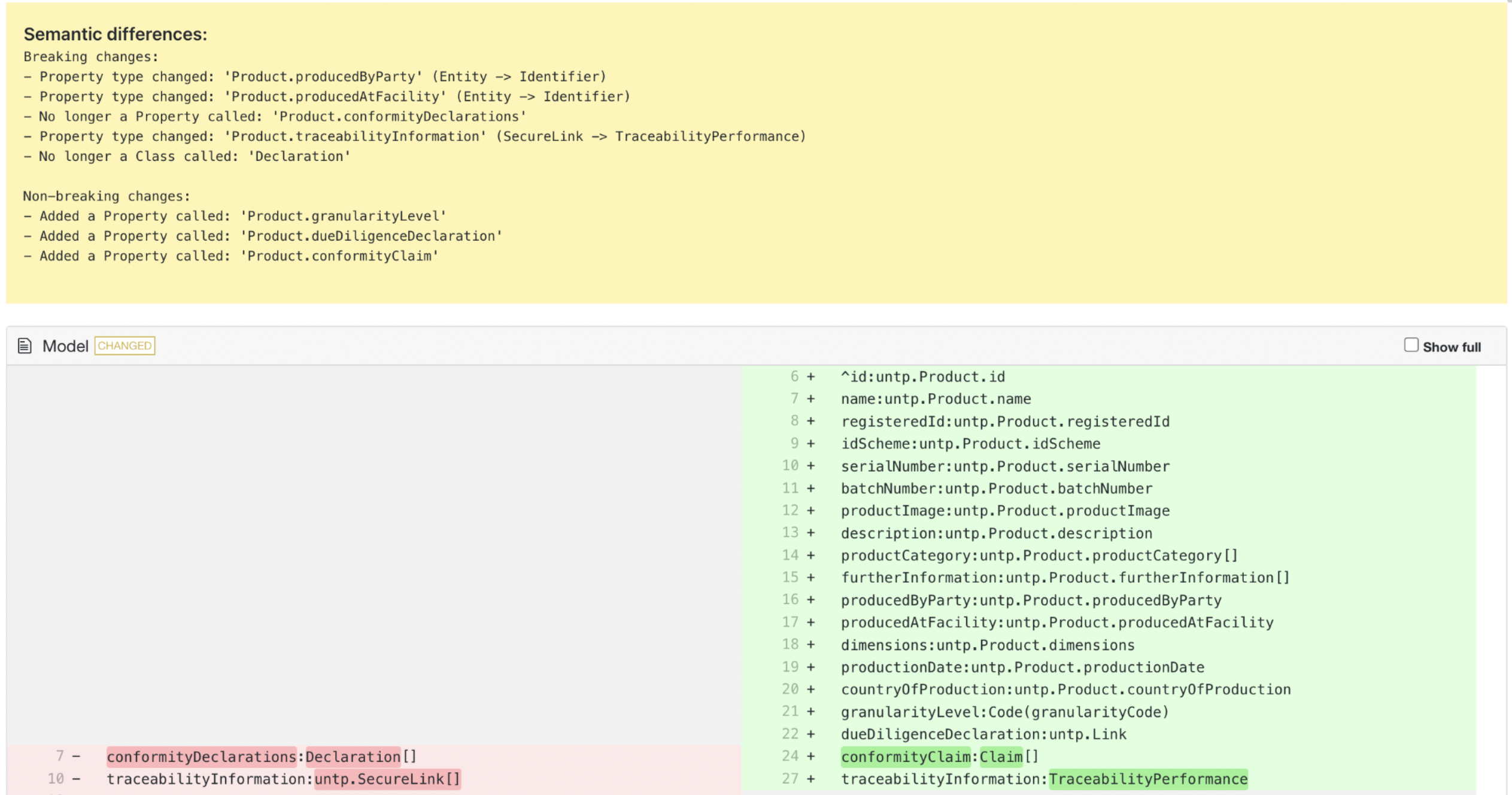 Semantic diff and model change view